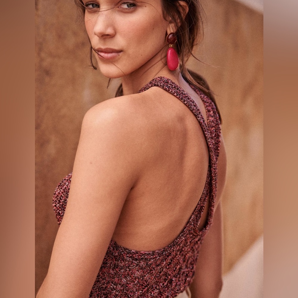 Sezane Jessica Pink Plum Glitter Knit Halter Tank Top